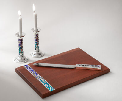 Shabbat 3 Pieces Set Challah Knife & Borad with Candlesticks