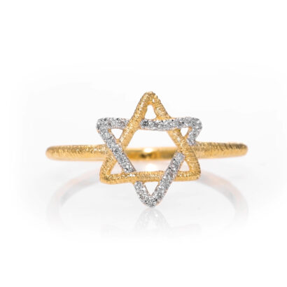 Delicate Diamond Star of David Ring From 14k Gold & Brushed Finish