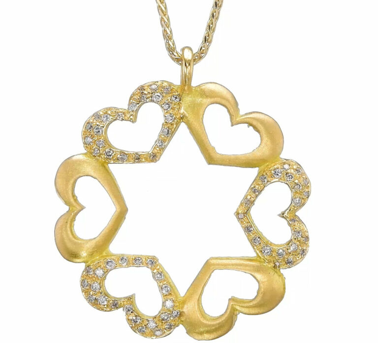 14K Gold Hollow Star of David Pendant with 3 Diamonds Hearts