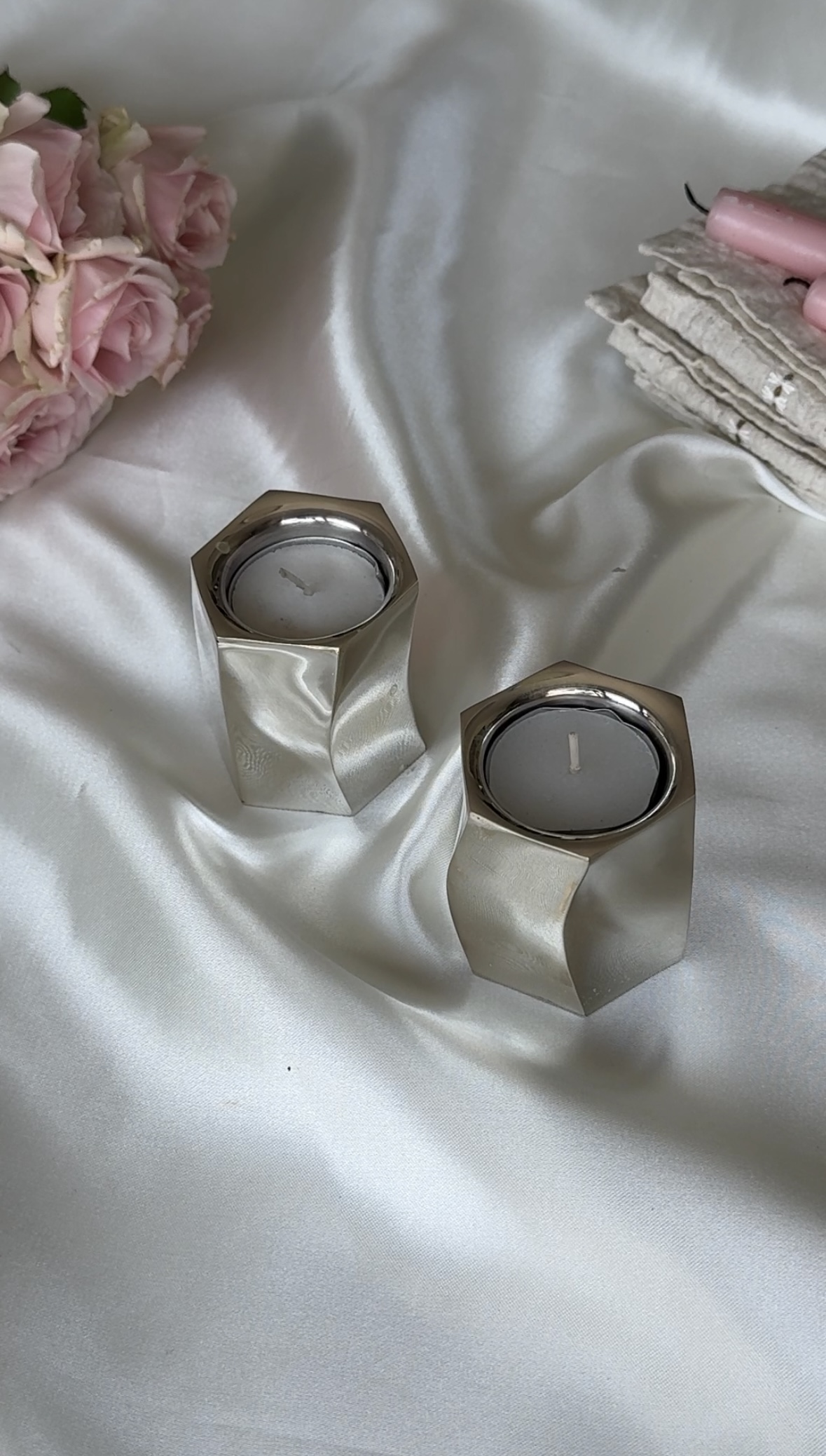 Pure Silver Tea Light Candlesticks in Contemporary Curled Design