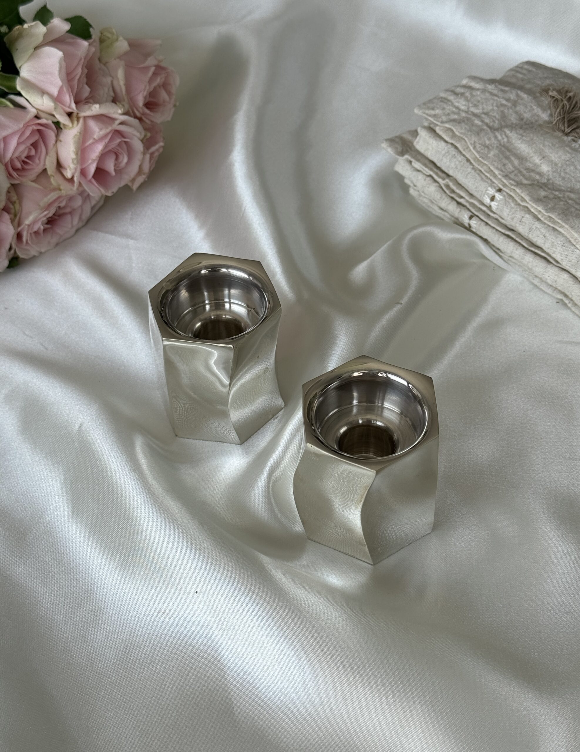 Pure Silver Tea Light Candlesticks in Contemporary Curled Design