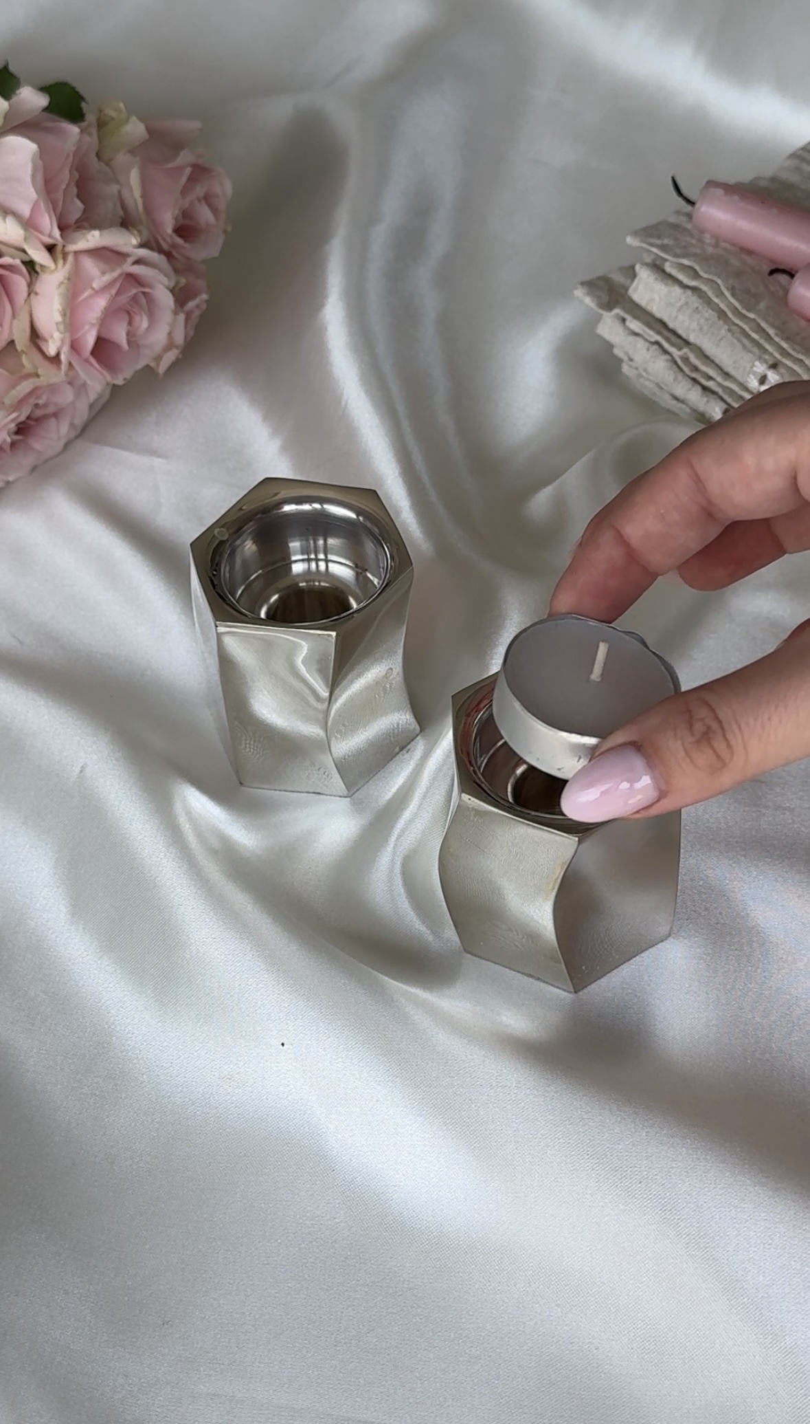 Pure Silver Tea Light Candlesticks in Contemporary Curled Design