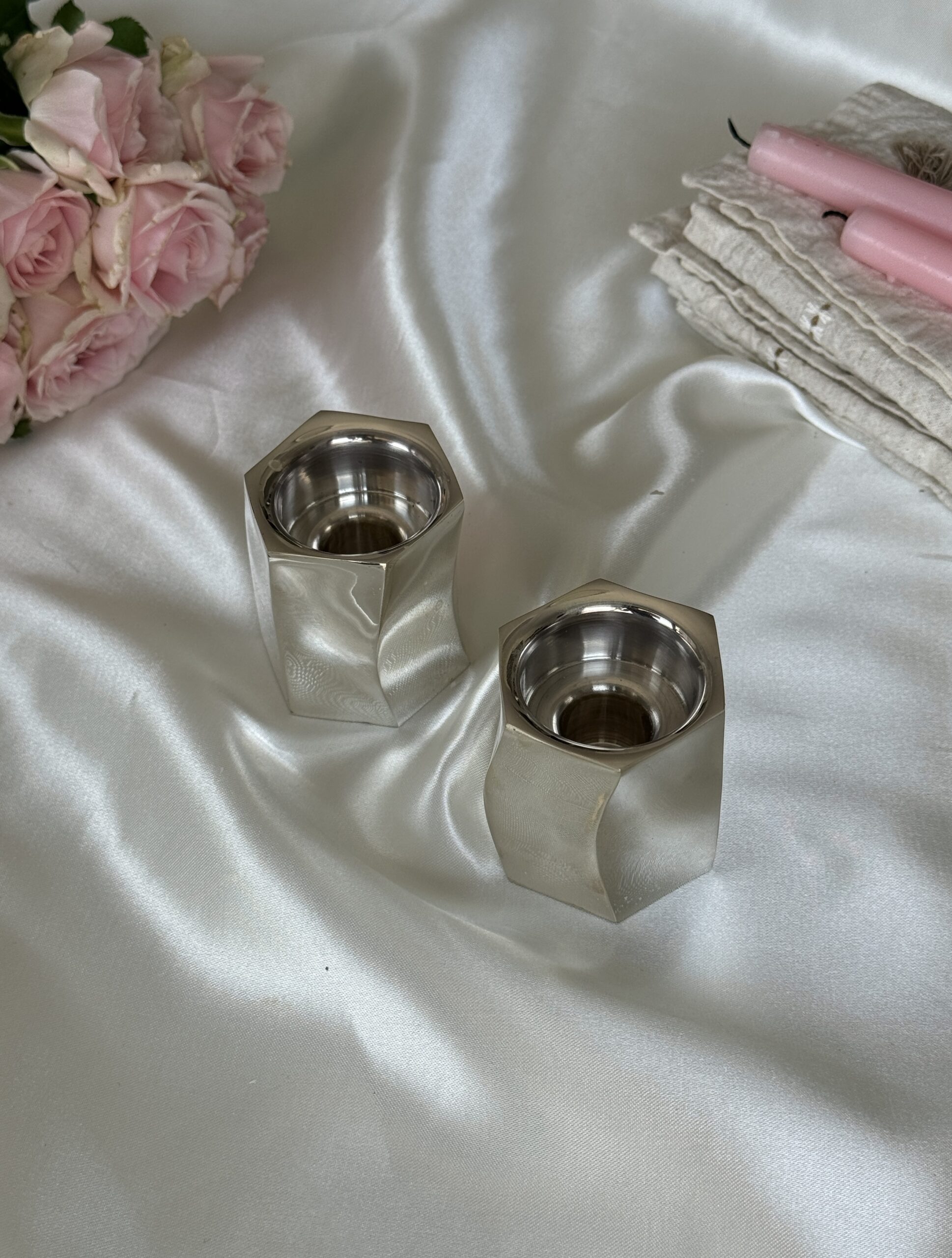 Pure Silver Tea Light Candlesticks in Contemporary Curled Design
