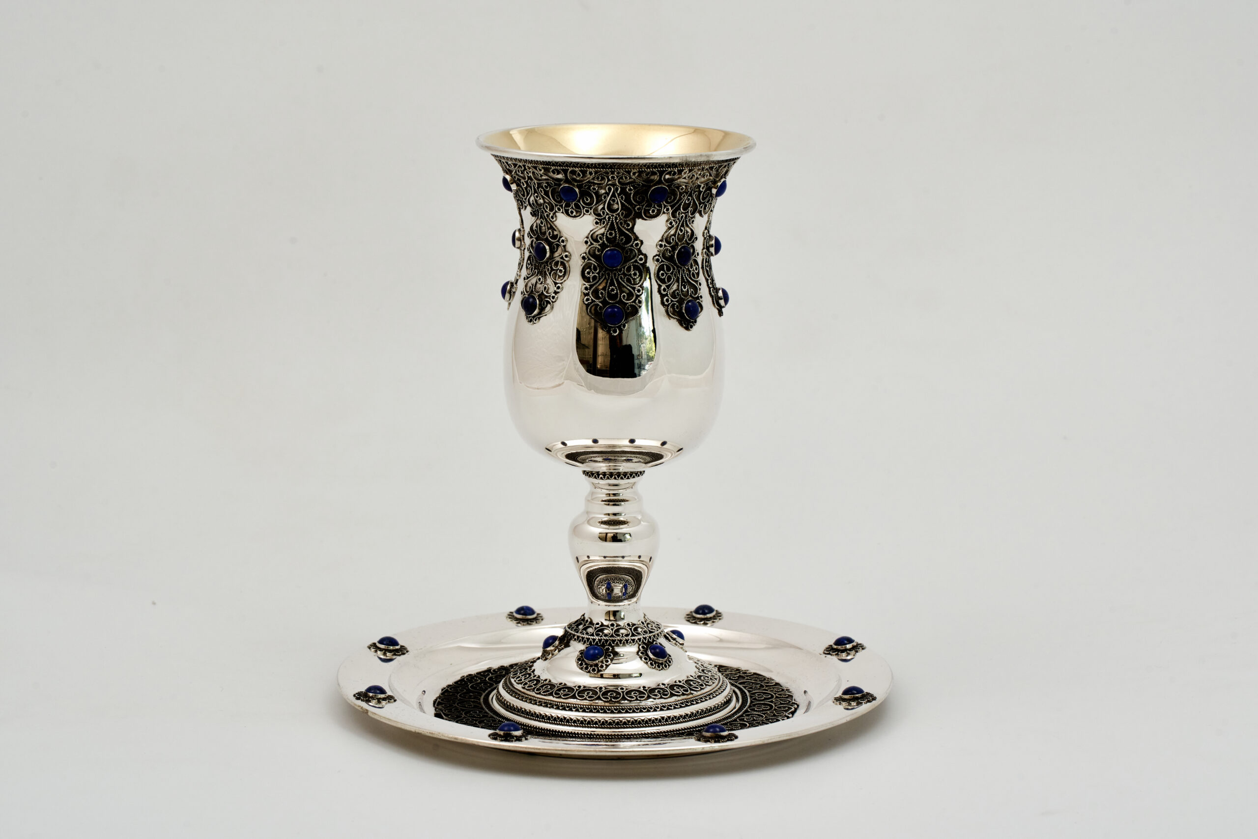 Magnificent Silver Elijah Cup with Filigree and Blue Lapis Stones