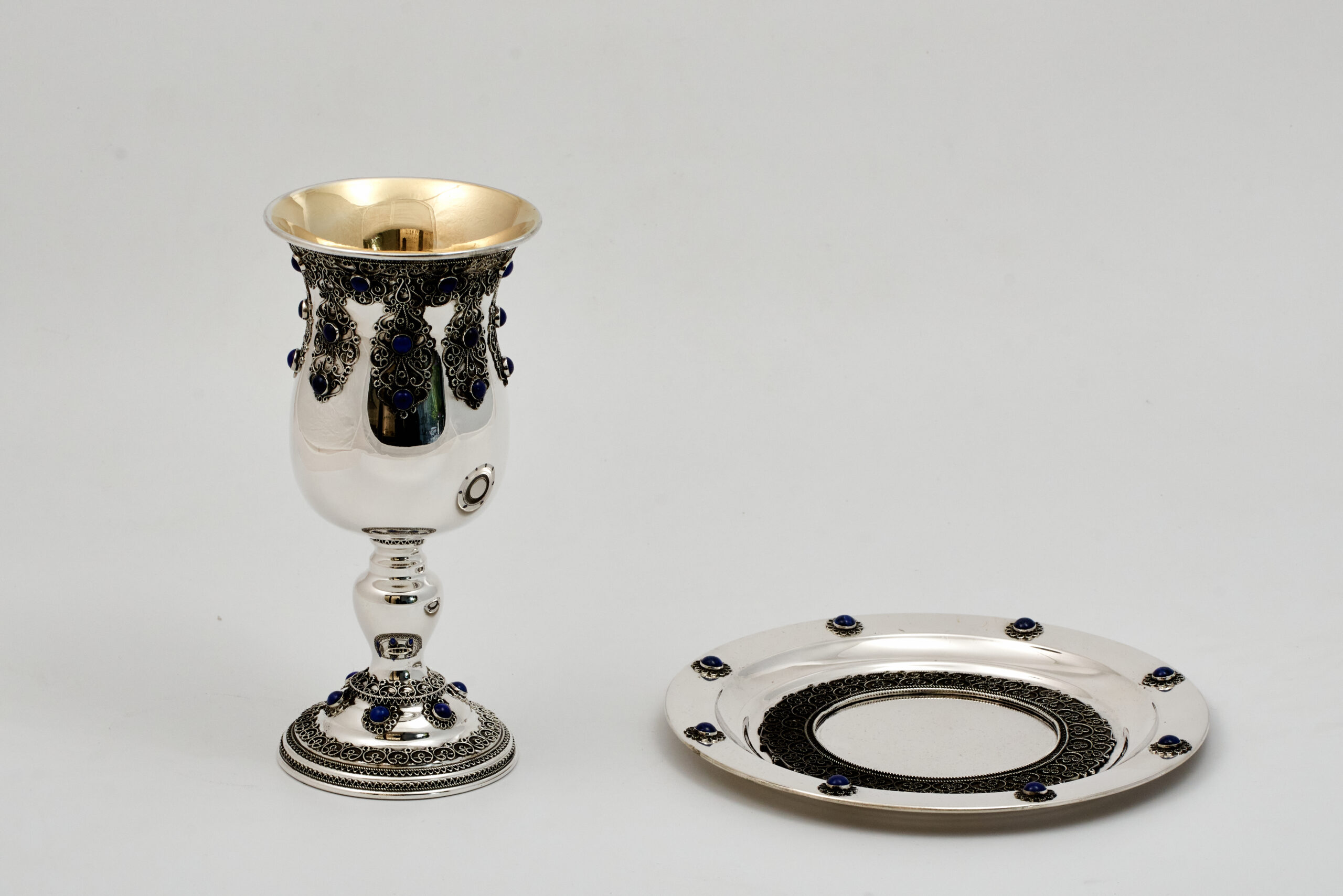 Magnificent Silver Elijah Cup with Filigree and Blue Lapis Stones