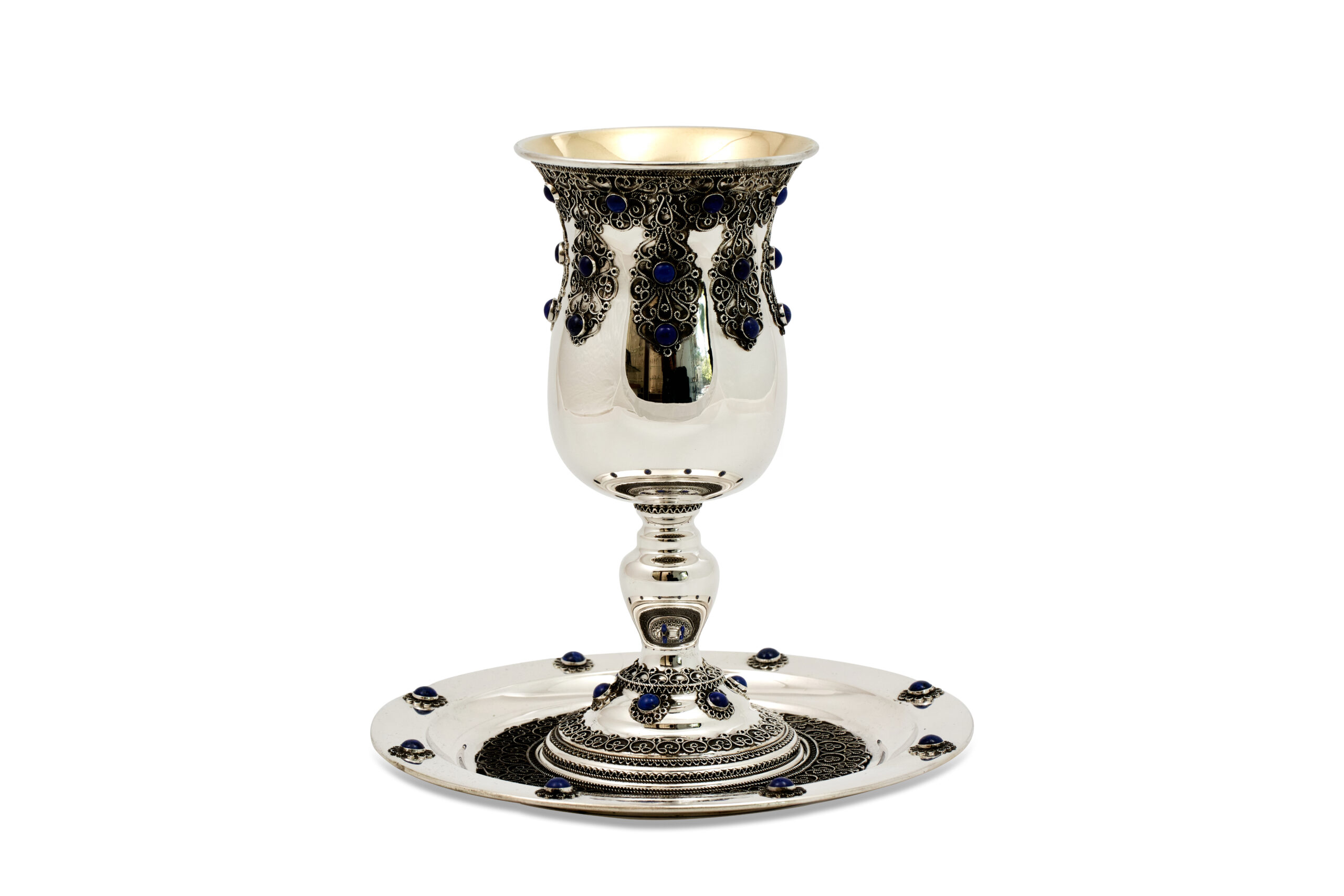 Magnificent Silver Elijah Cup with Filigree and Blue Lapis Stones