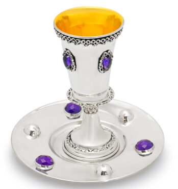 Impressive Amethyst Gemstone Kiddush Cup and Saucer Set