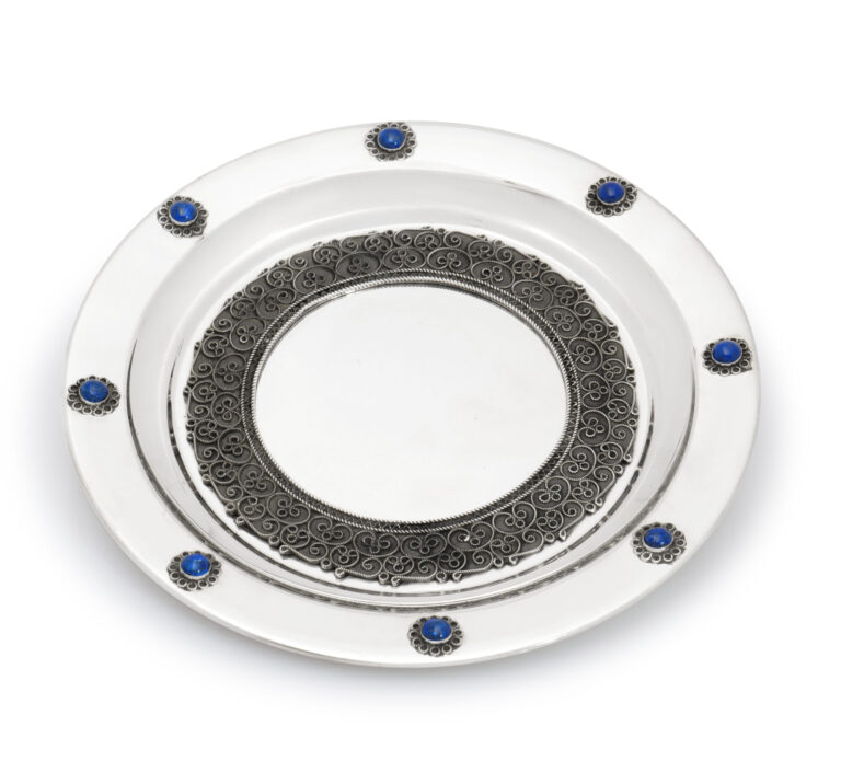 Large Filigree Silver Kiddush Plate with Royal Blue Gemstones