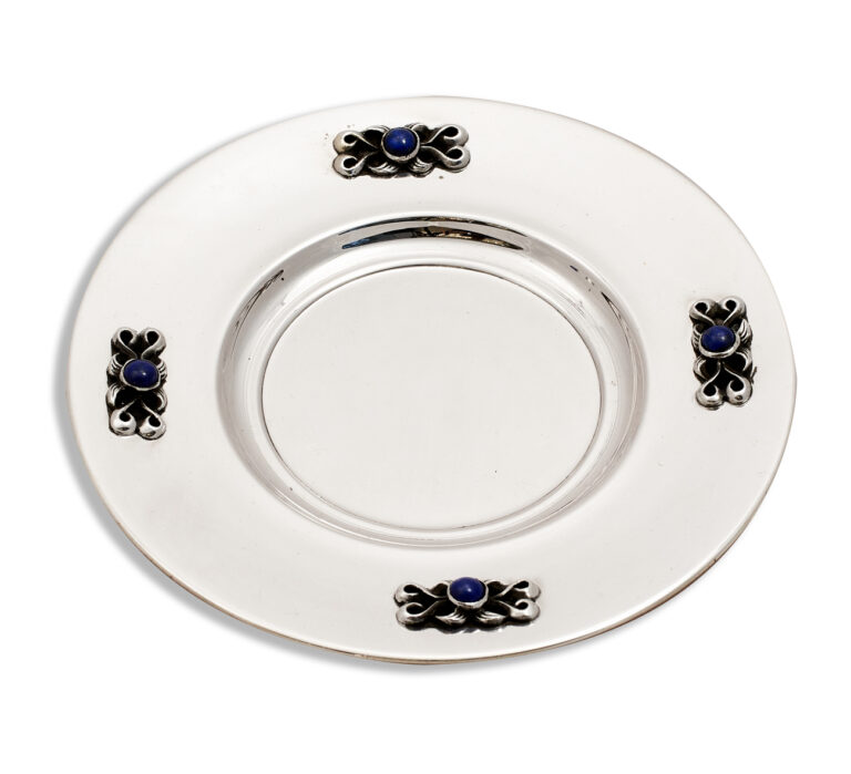 Sterling Silver Kiddush Tray with Lapis Gemstone Detailing