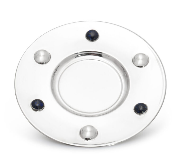 Modern Kiddush Plate with Lapis Gems and Silver Half Orbs