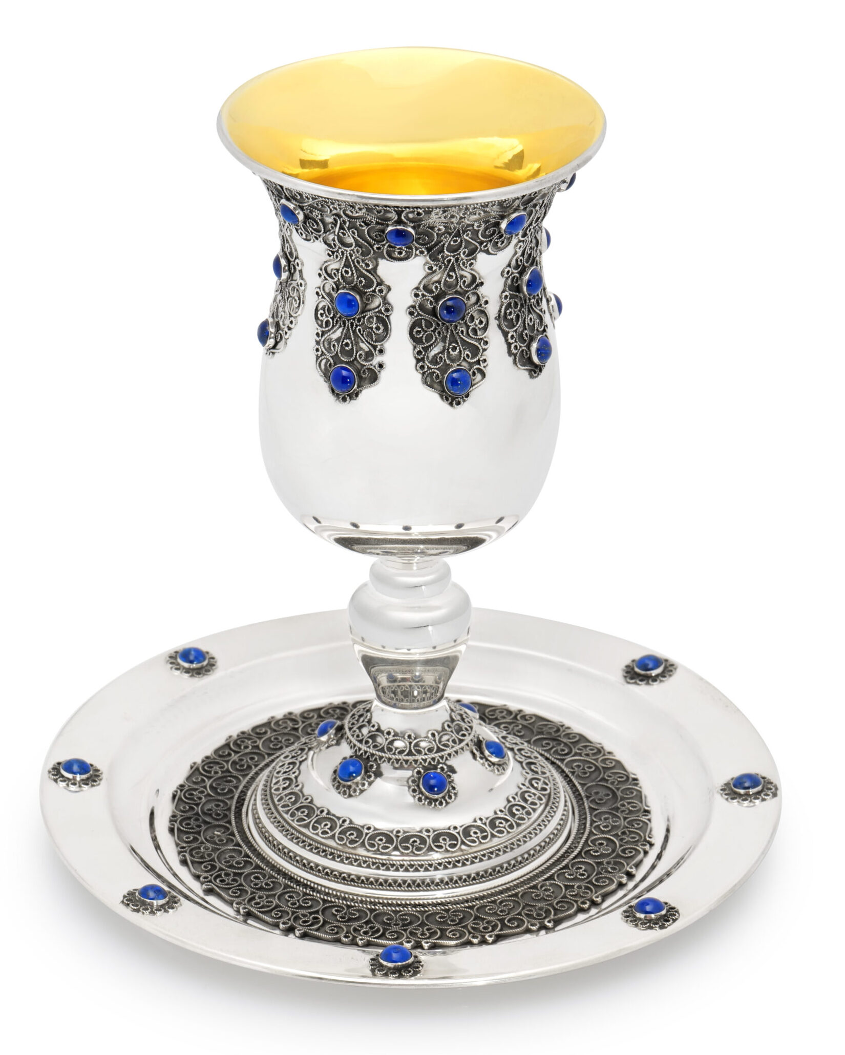 Magnificent Silver Elijah Cup with Filigree and Blue Lapis Stones