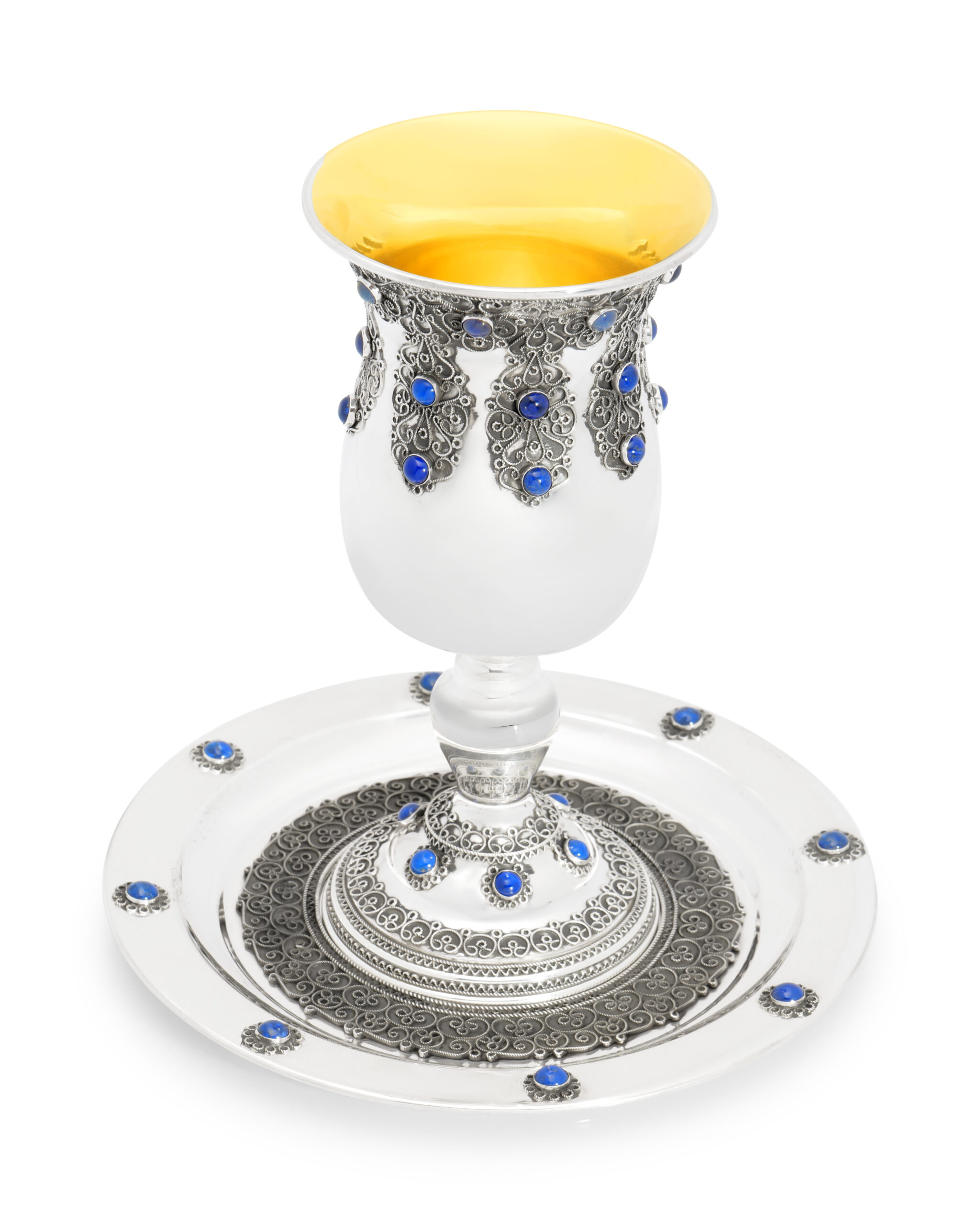 Magnificent Silver Elijah Cup with Filigree and Blue Lapis Stones