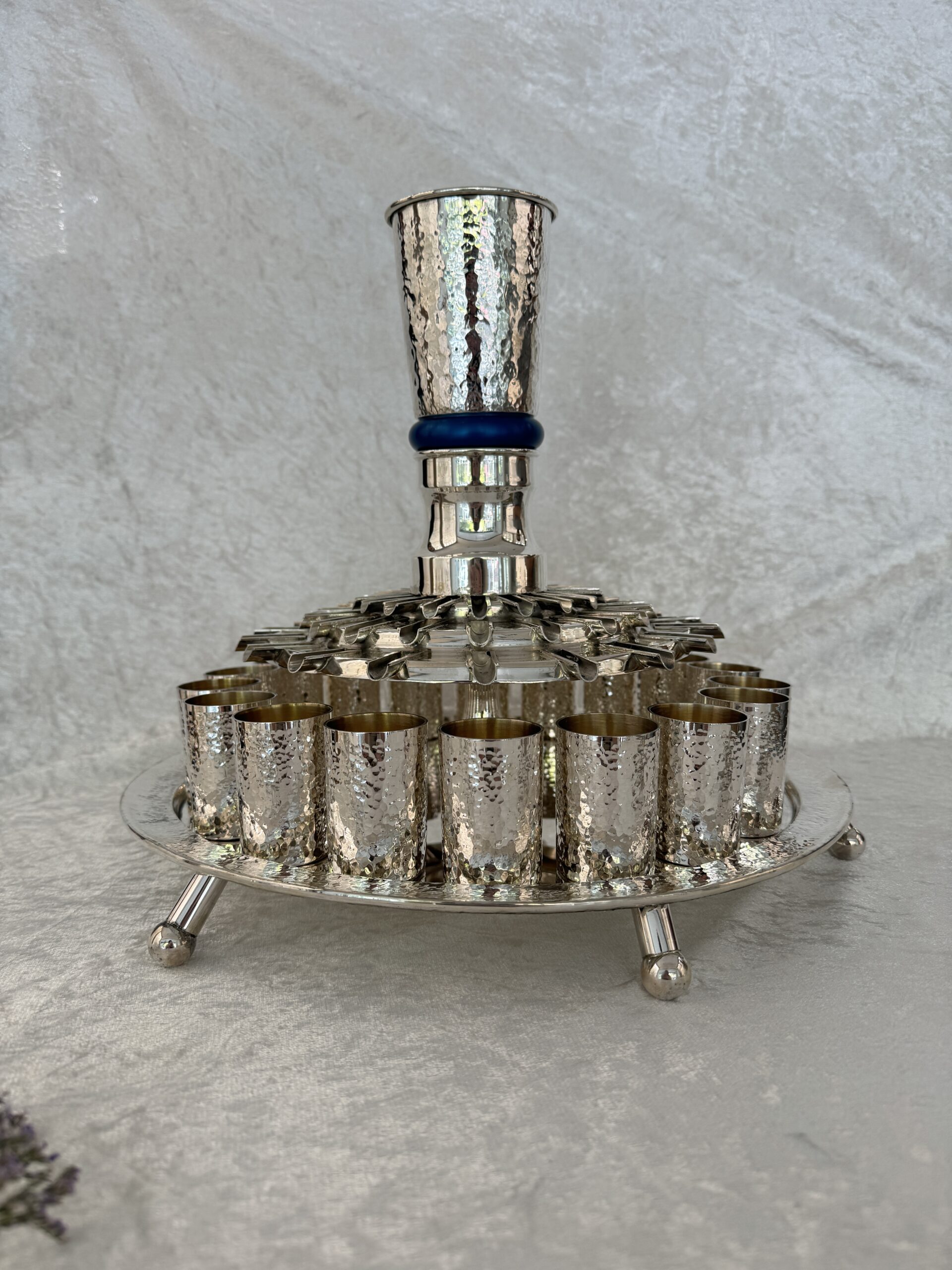 18 Cups Silver Hammered Kiddush Fountain with Artistic Three-Step Pouring