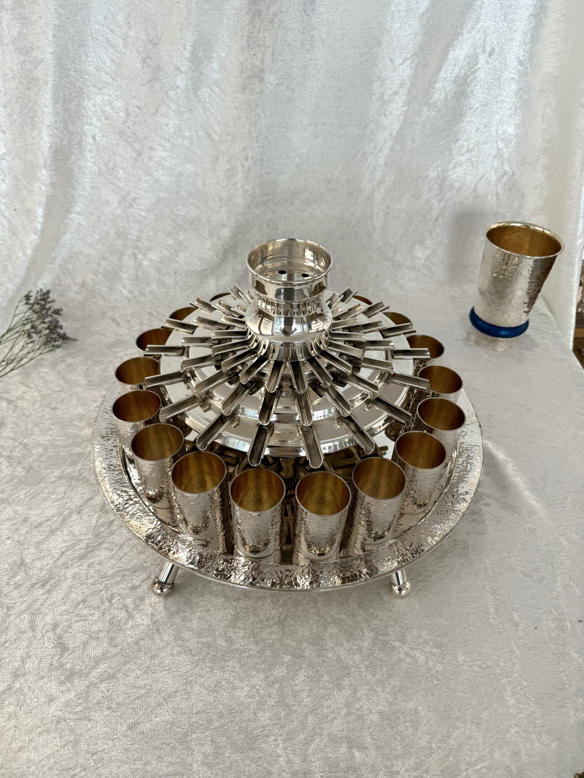 18 Cups Silver Hammered Kiddush Fountain with Artistic Three-Step Pouring