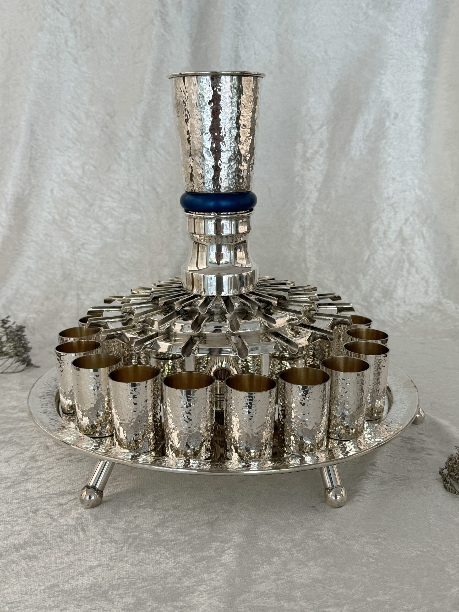 18 Cups Silver Hammered Kiddush Fountain with Artistic Three-Step Pouring