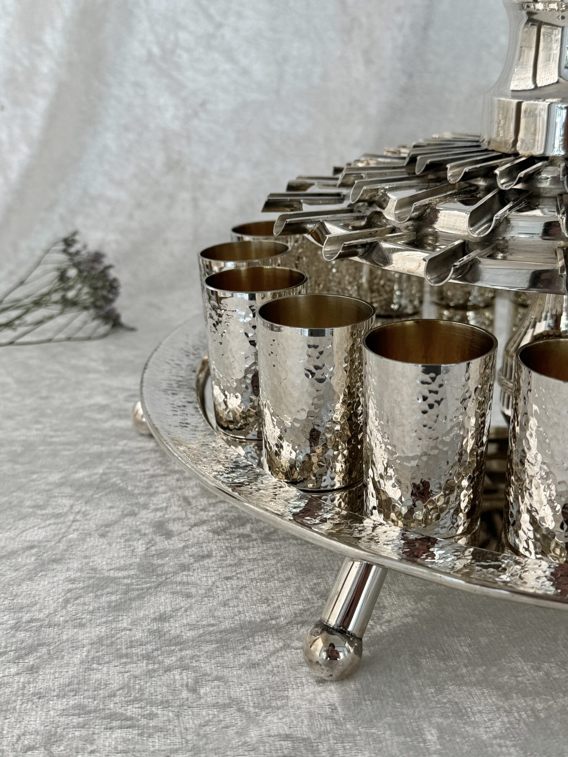18 Cups Silver Hammered Kiddush Fountain with Artistic Three-Step Pouring