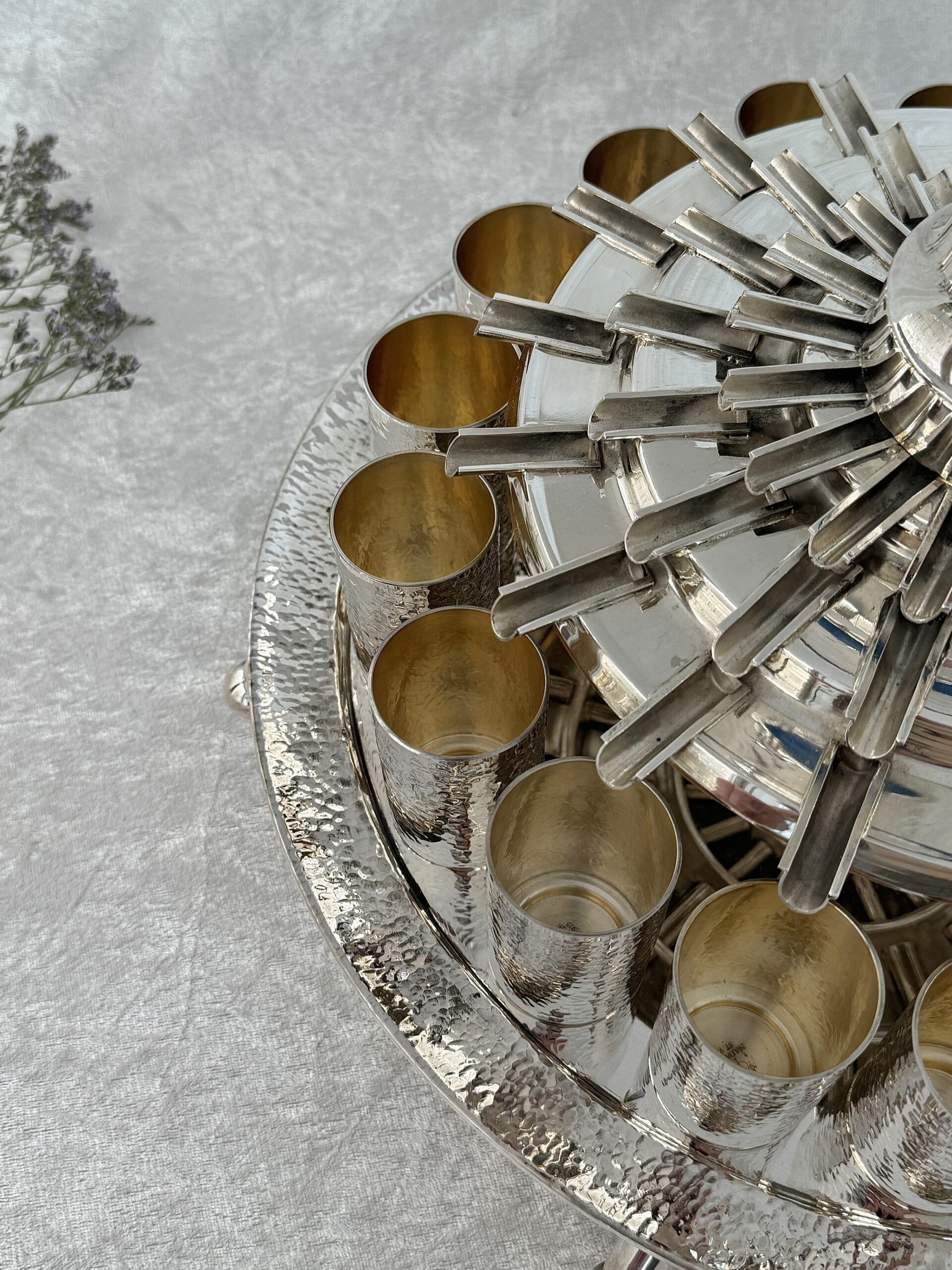 18 Cups Silver Hammered Kiddush Fountain with Artistic Three-Step Pouring