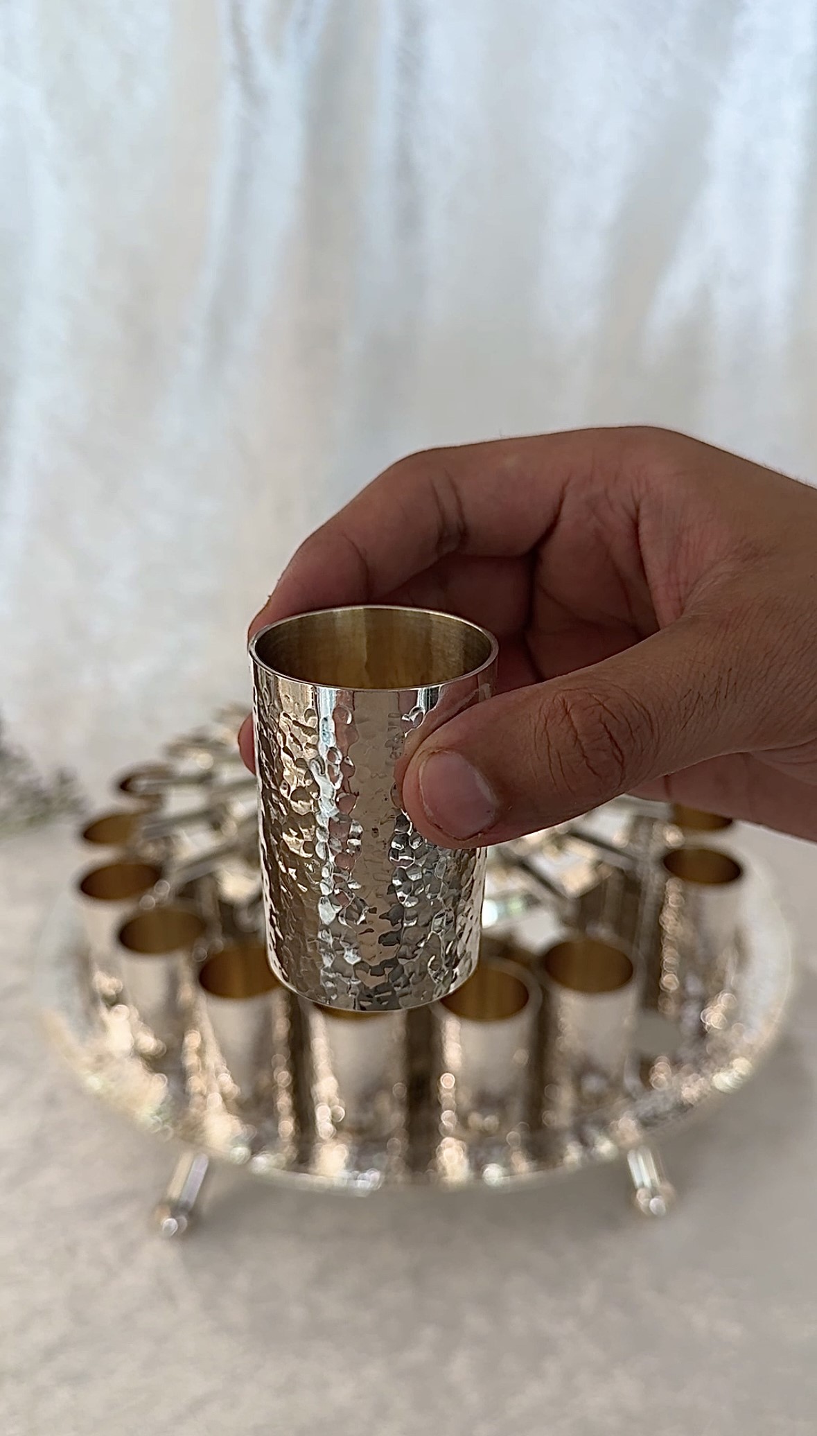 18 Cups Silver Hammered Kiddush Fountain with Artistic Three-Step Pouring