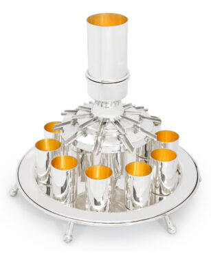 Contemporary Sleek Silver Kiddush Wine Fountain with Ten Cups