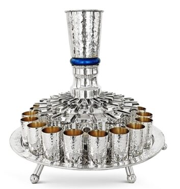 18 Cups Silver Hammered Kiddush Fountain with Artistic Three-Step Pouring