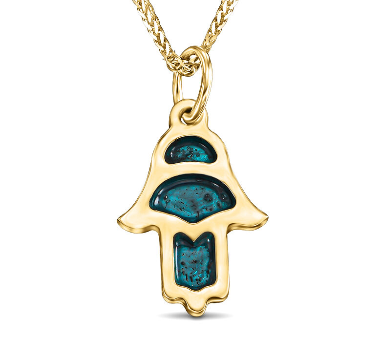 Small Artistic 14K Gold and Blue Enamel Hamsa Pendant for Women