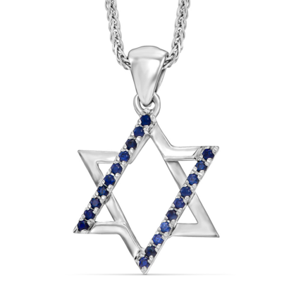Modern 14K White Gold and Blue Sapphire Star of David Necklace