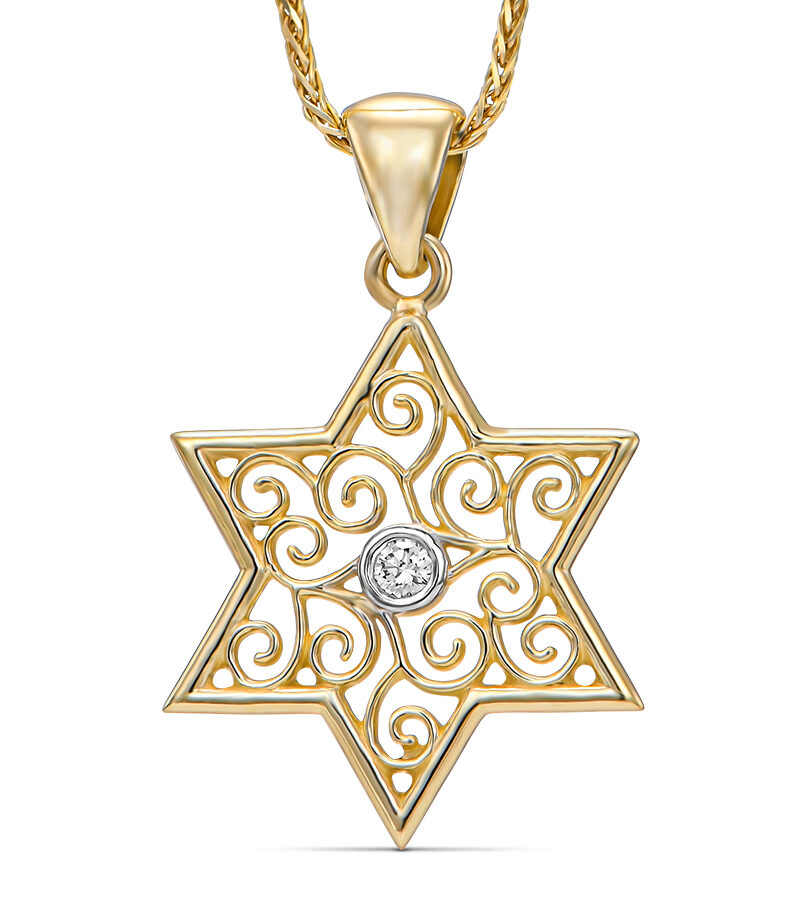 14K Gold Filigree Star of David Pendant with Diamond Center