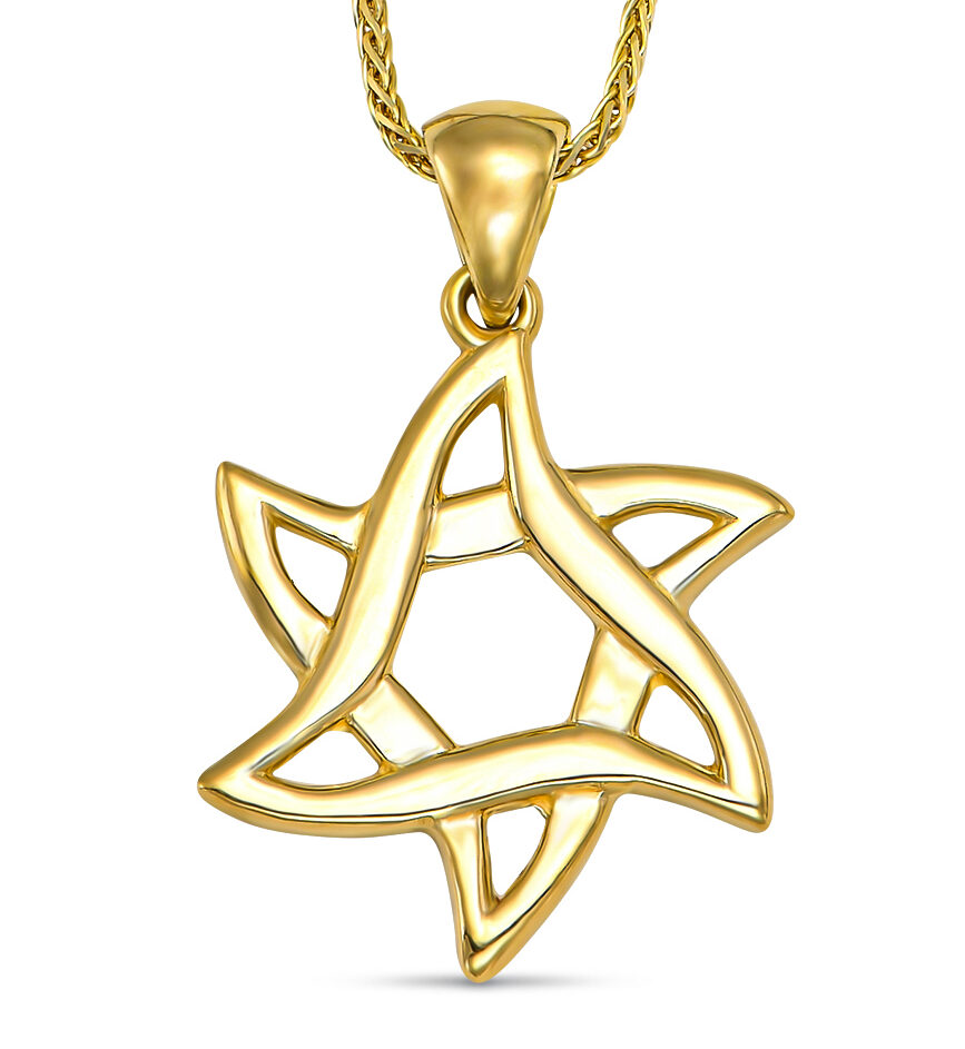 Stylish 14K Solid Gold Curled Design Star of David Necklace