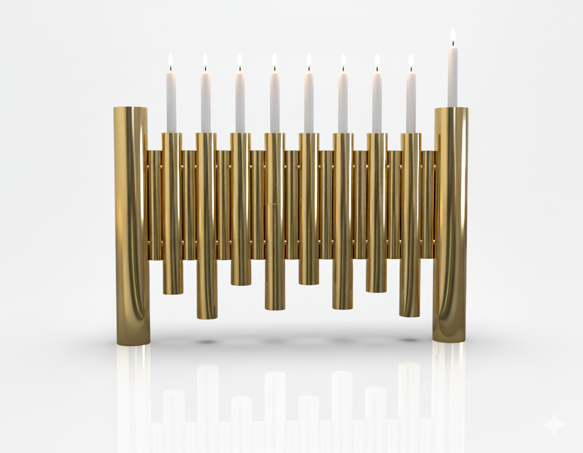 Large Modern Brass Hanukkah Menorah with Vertical Tube Design