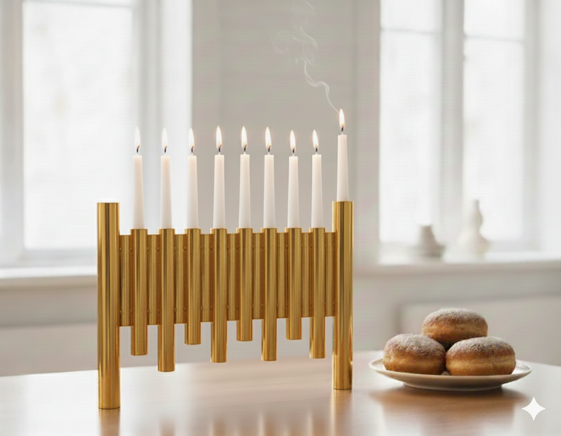 Large Modern Brass Hanukkah Menorah with Vertical Tube Design