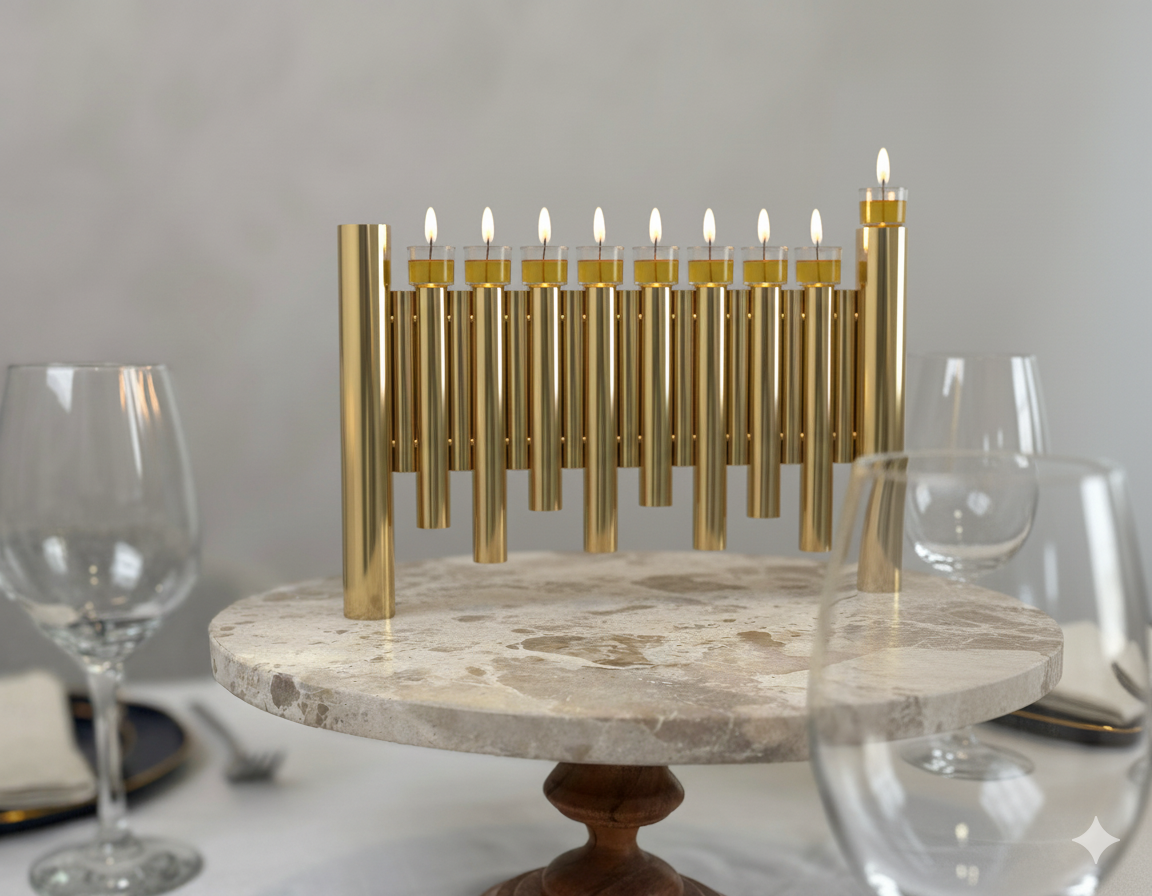 Large Modern Brass Hanukkah Menorah with Vertical Tube Design