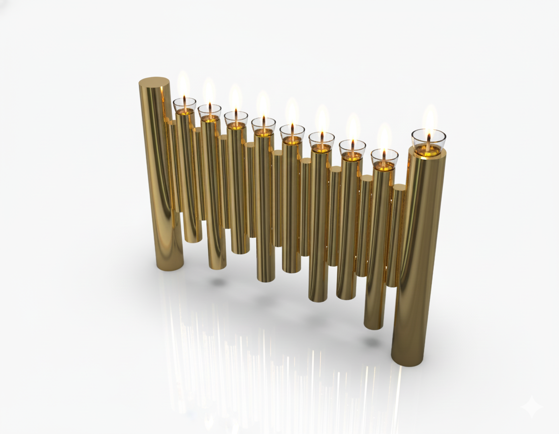 Large Modern Brass Hanukkah Menorah with Vertical Tube Design