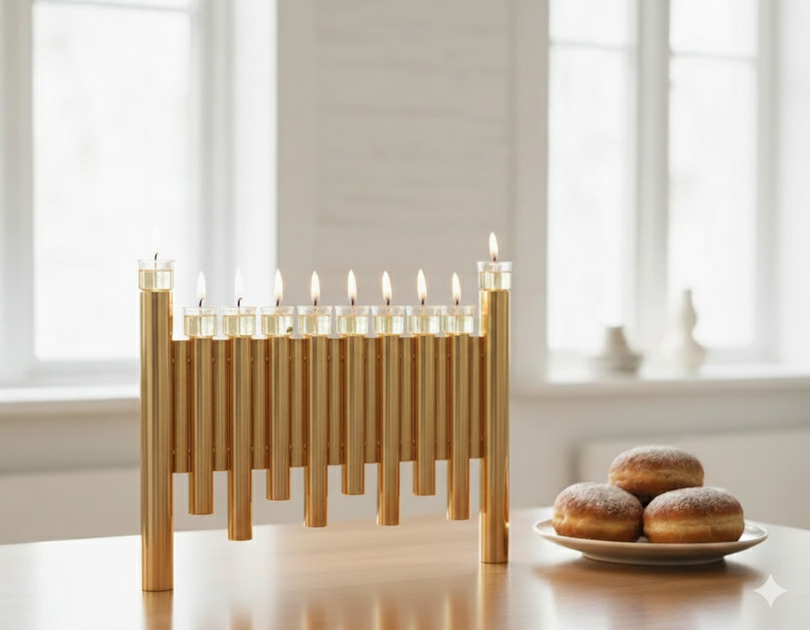 Large Modern Brass Hanukkah Menorah with Vertical Tube Design