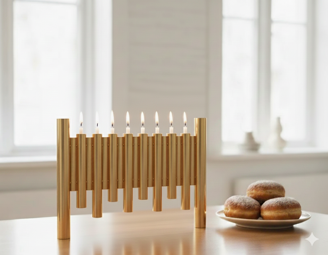 Large Modern Brass Hanukkah Menorah with Vertical Tube Design