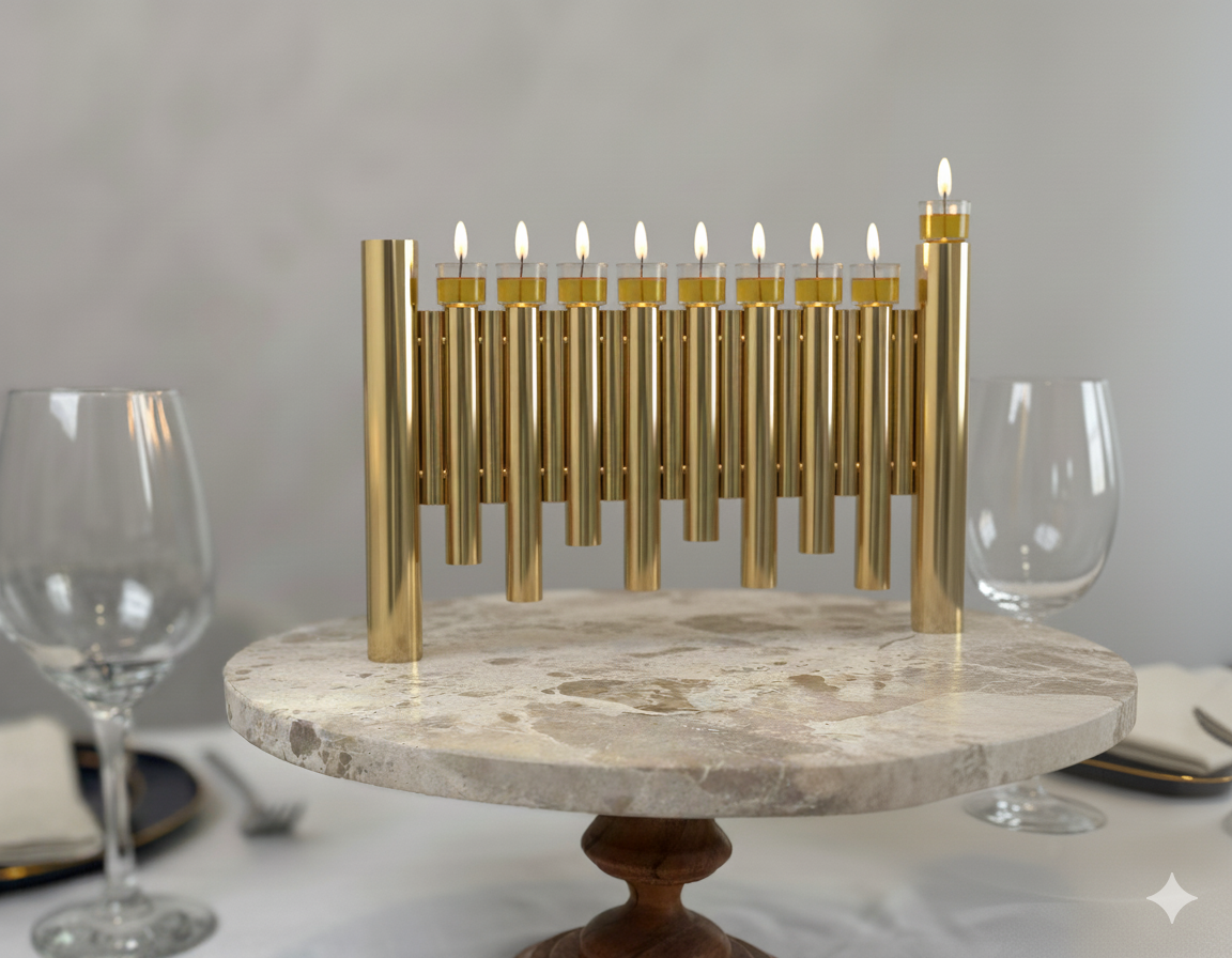 Large Modern Brass Hanukkah Menorah with Vertical Tube Design