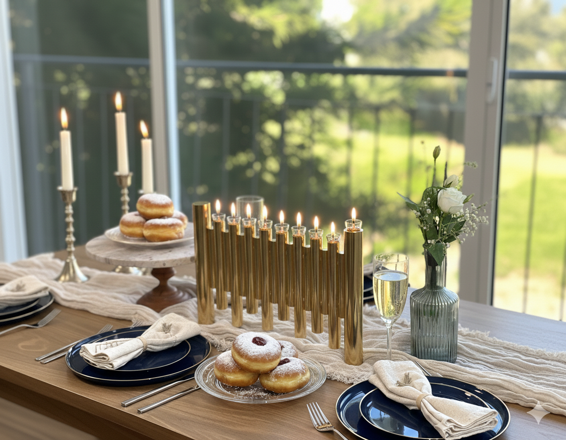 Large Modern Brass Hanukkah Menorah with Vertical Tube Design
