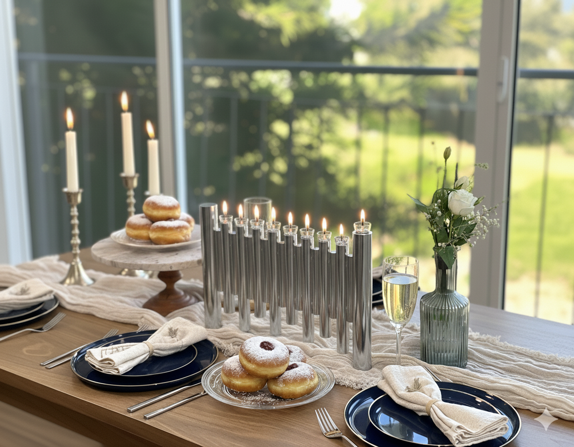Large Modern Brass Hanukkah Menorah with Vertical Tube Design