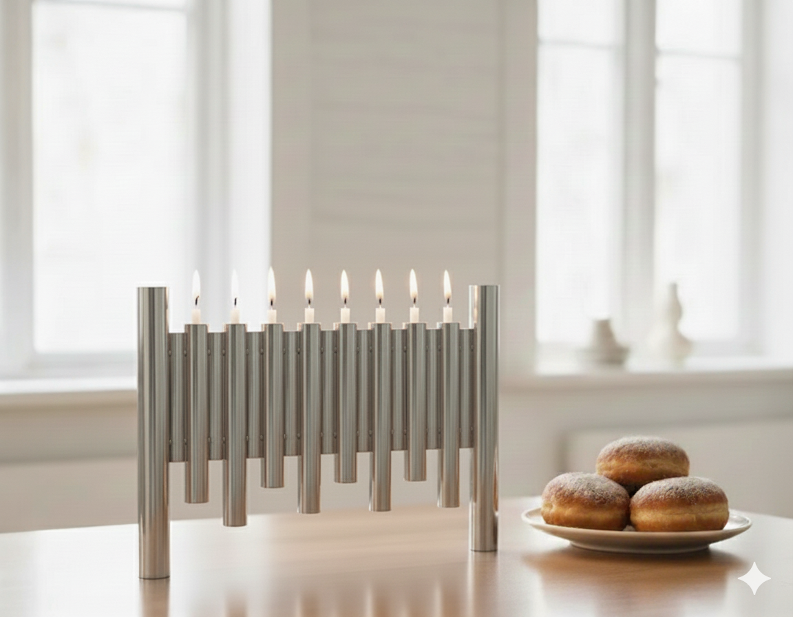 Large Modern Brass Hanukkah Menorah with Vertical Tube Design