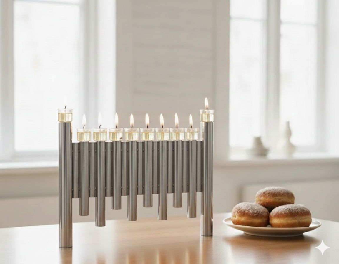 Large Modern Brass Hanukkah Menorah with Vertical Tube Design
