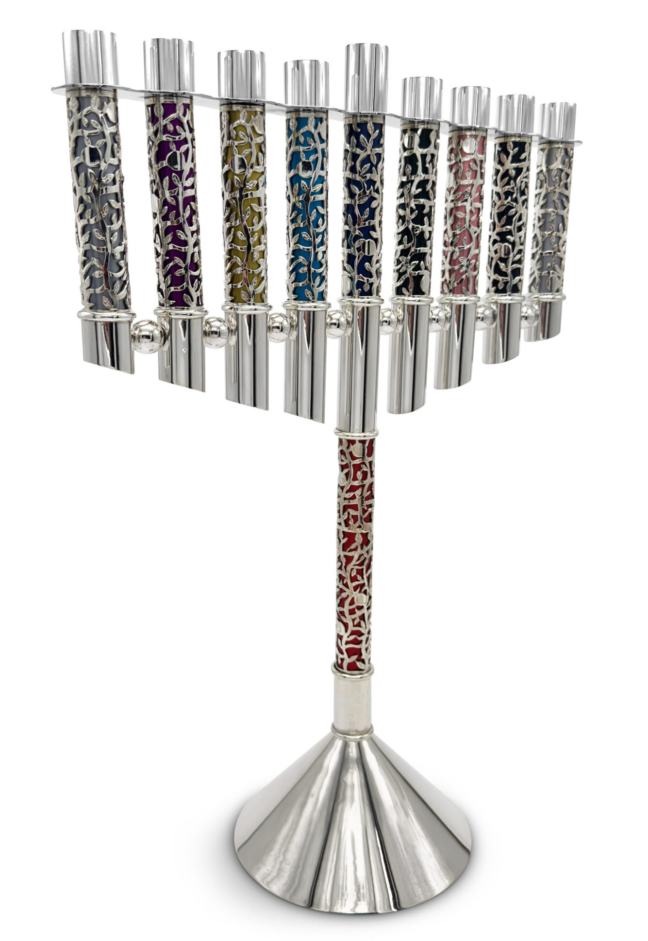 Giant Sterling Silver Enameled Menorah with Pomegranates Motif