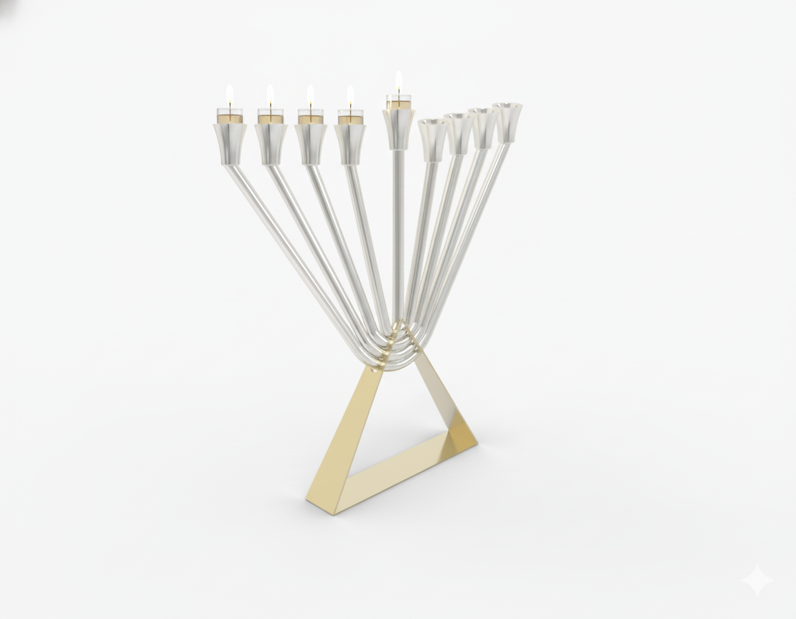 Modern Sterling Silver Chabad Menorah with Brass Triangle Base