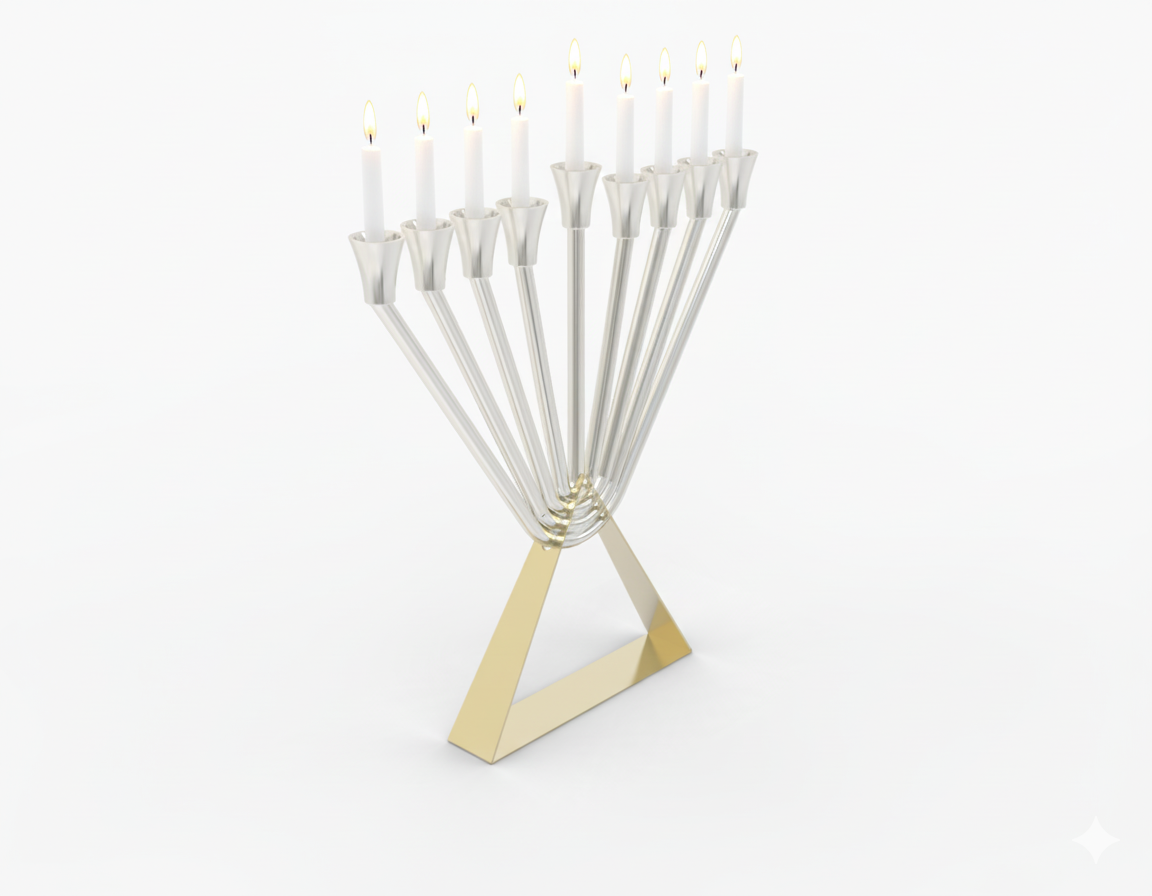 Modern Sterling Silver Chabad Menorah with Brass Triangle Base