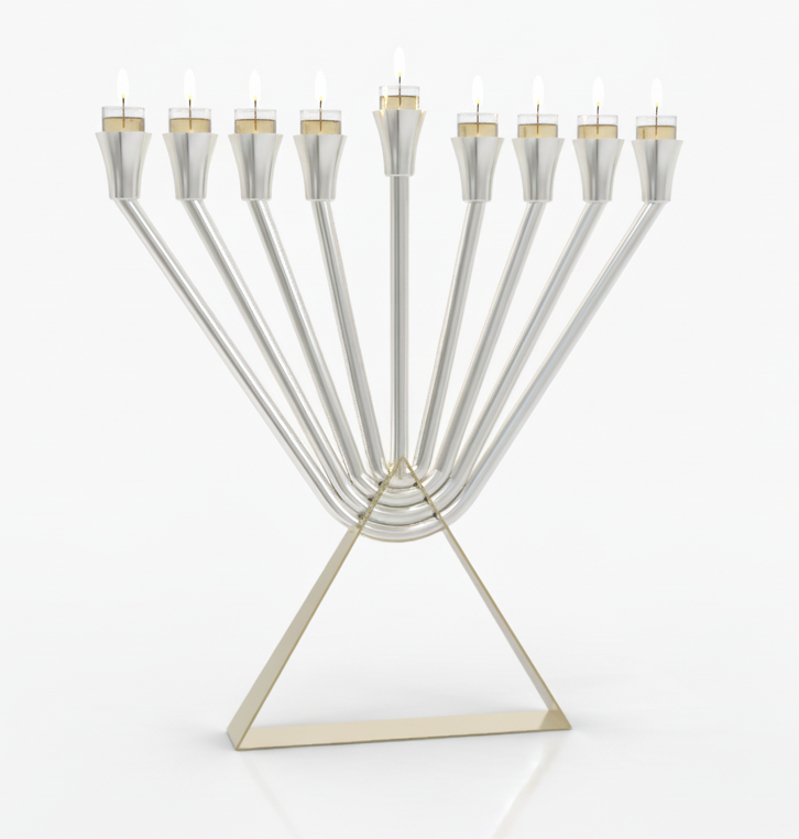Modern Sterling Silver Chabad Menorah with Brass Triangle Base