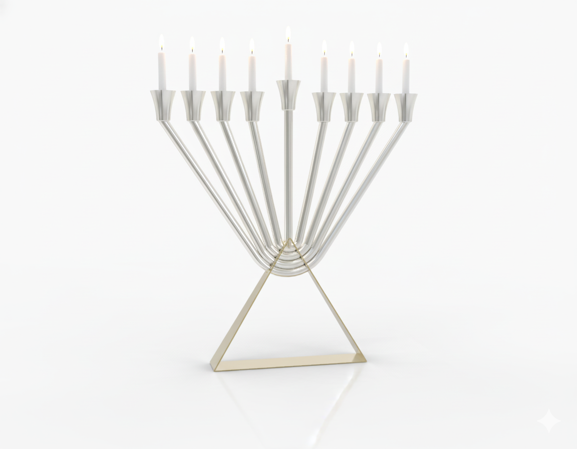 Modern Sterling Silver Chabad Menorah with Brass Triangle Base