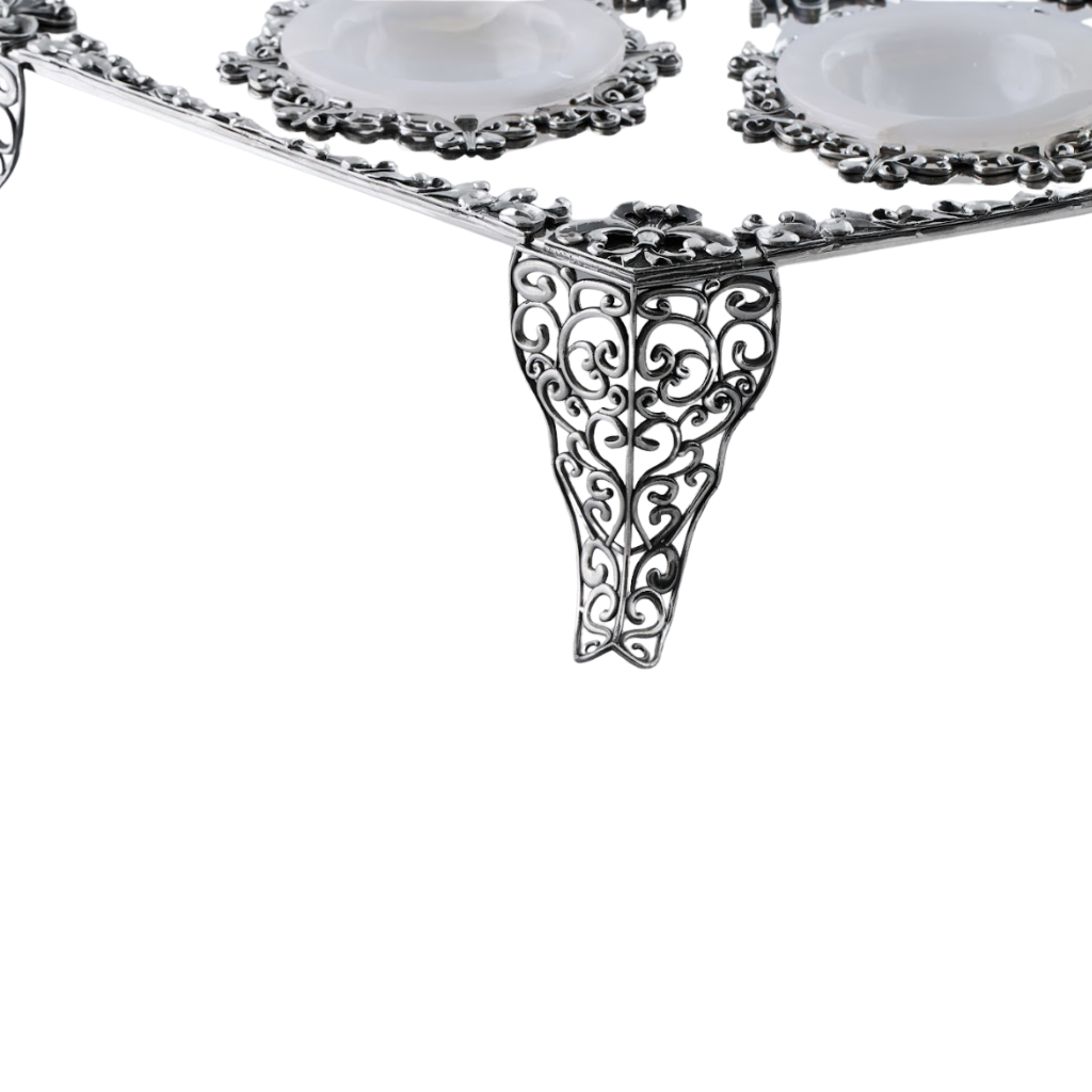 Royal Filigree Elevated Passover Seder Plate with White Onyx Bowls