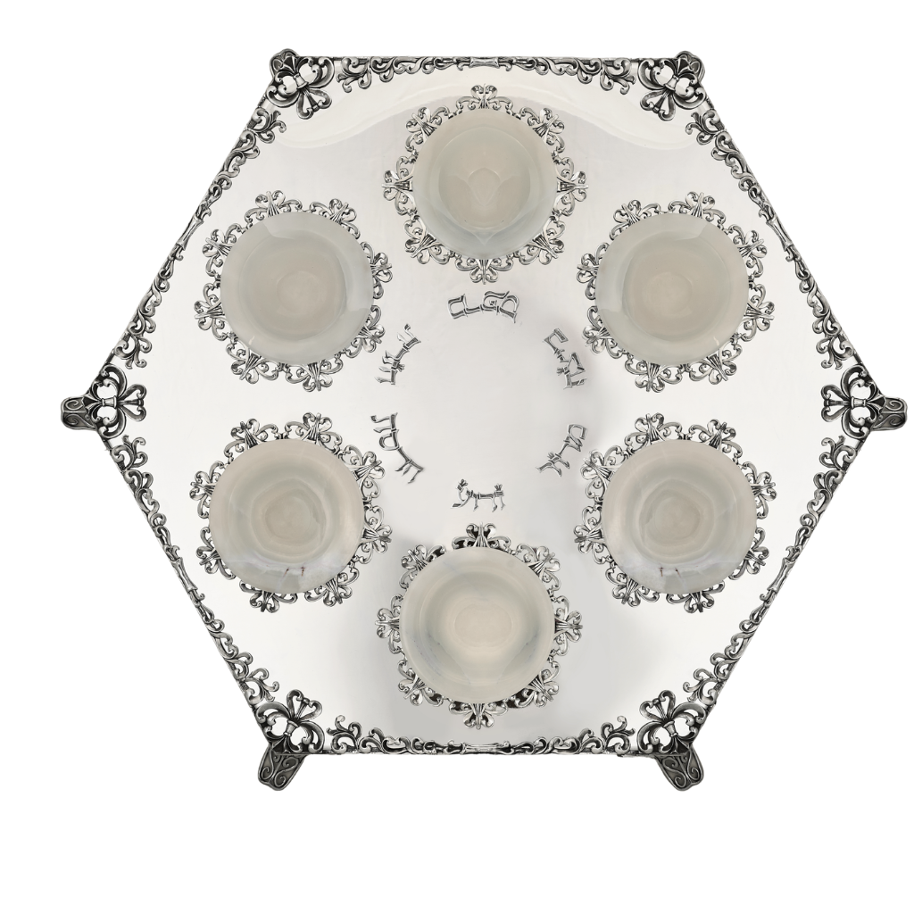 Royal Filigree Elevated Passover Seder Plate with White Onyx Bowls