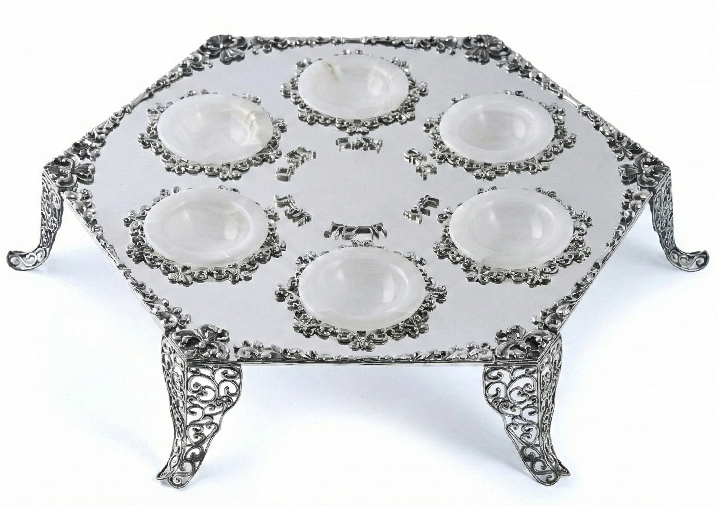Royal Filigree Elevated Passover Seder Plate with White Onyx Bowls