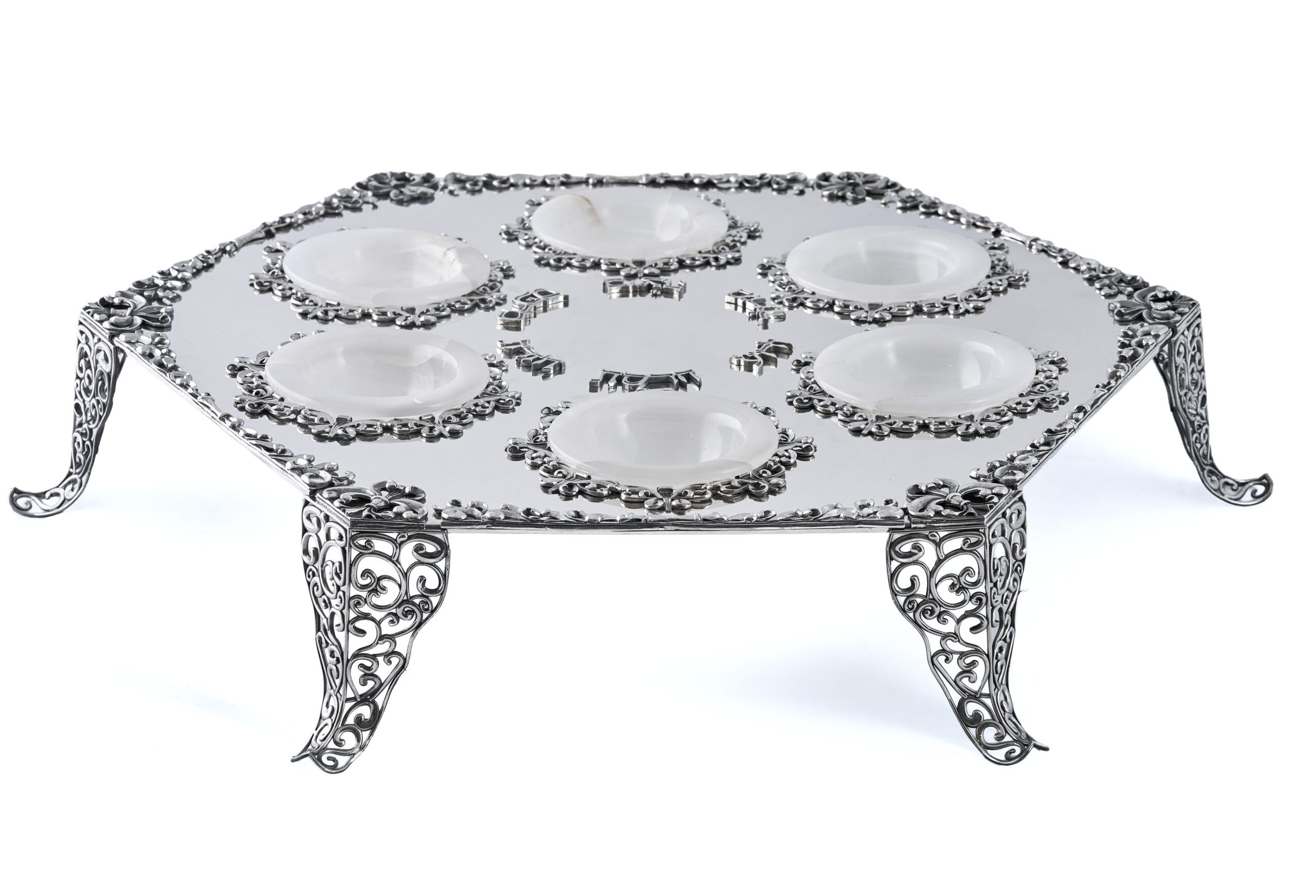 Royal Filigree Elevated Passover Seder Plate with White Onyx Bowls