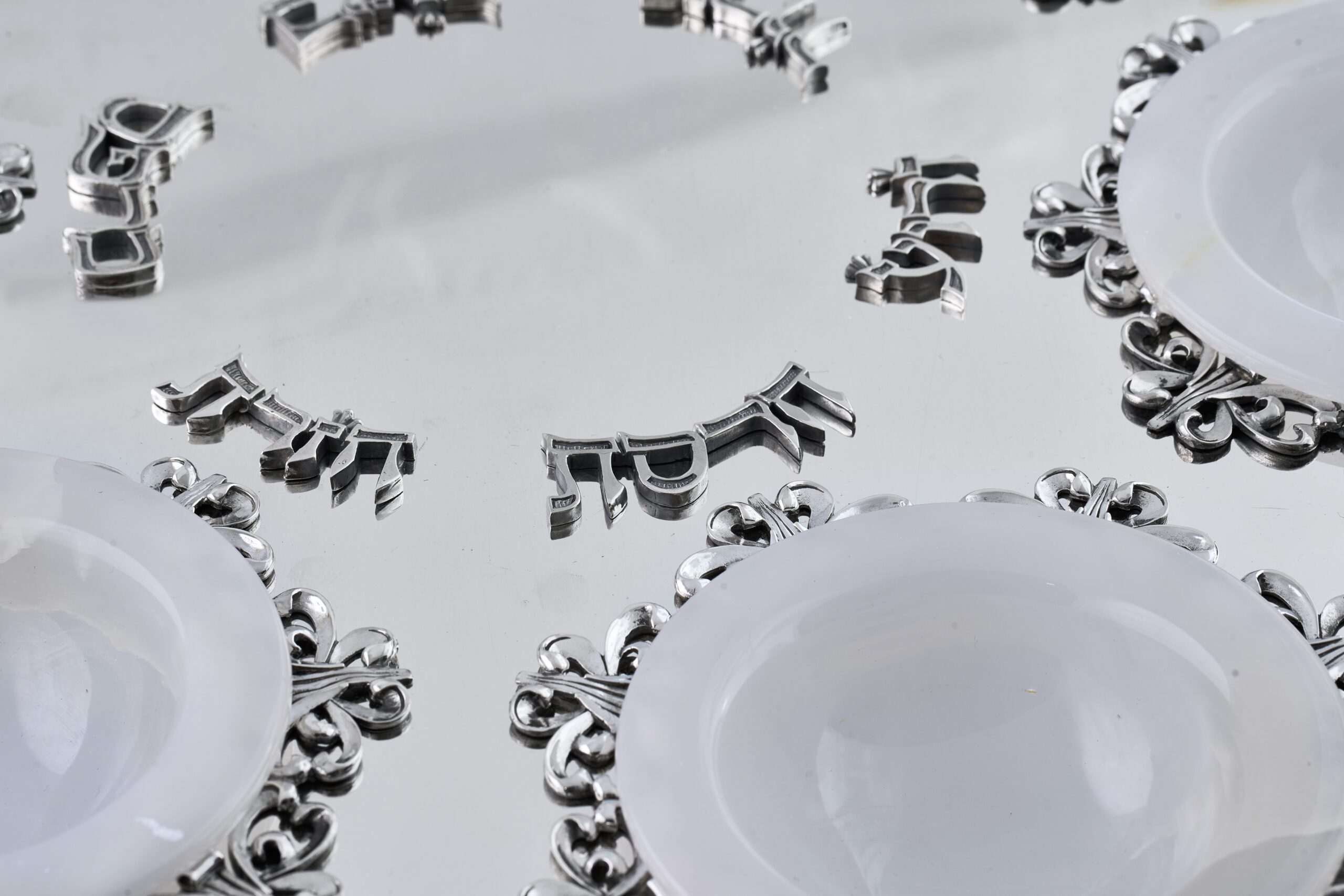 Royal Filigree Elevated Passover Seder Plate with White Onyx Bowls