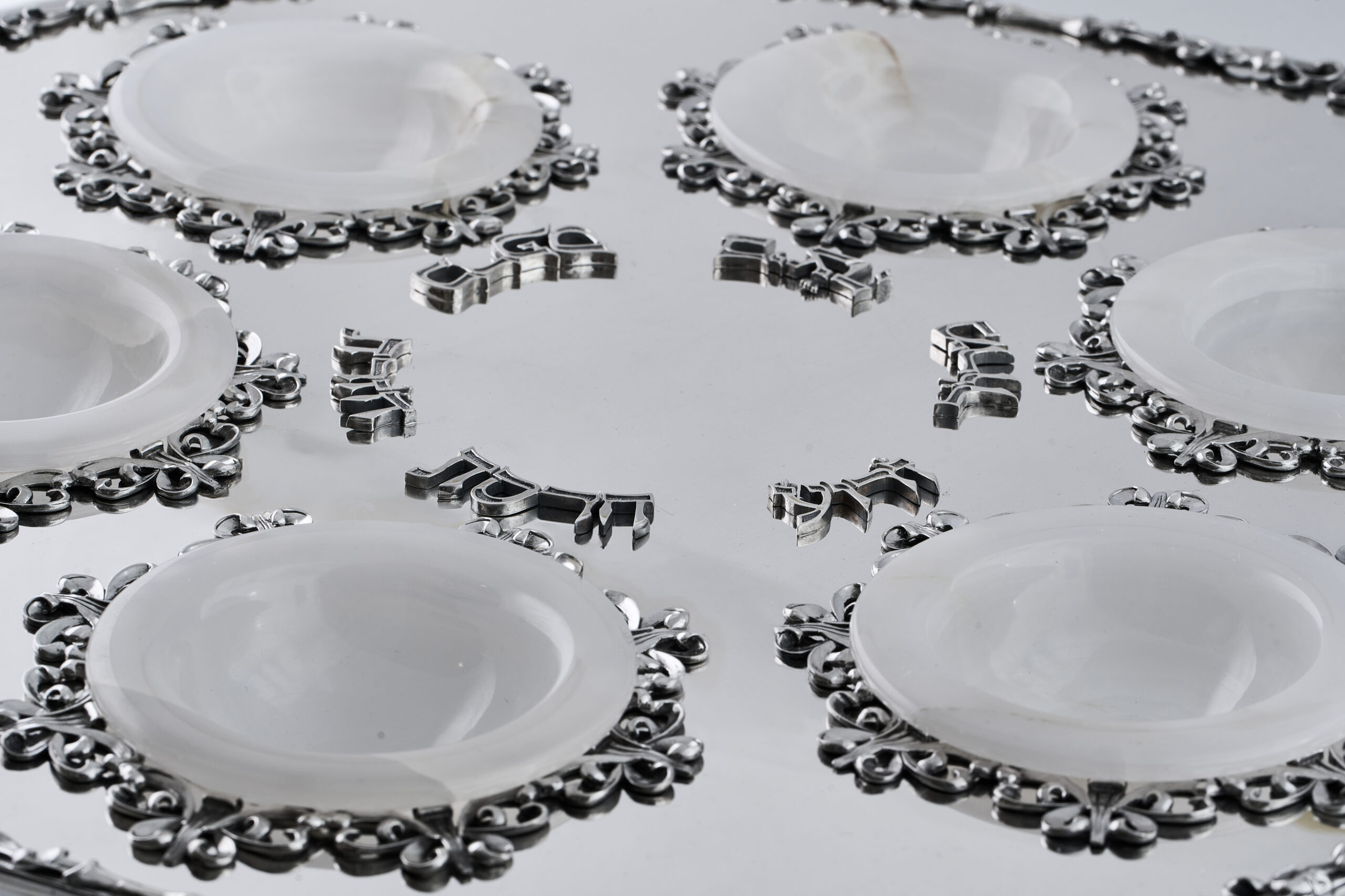 Royal Filigree Elevated Passover Seder Plate with White Onyx Bowls